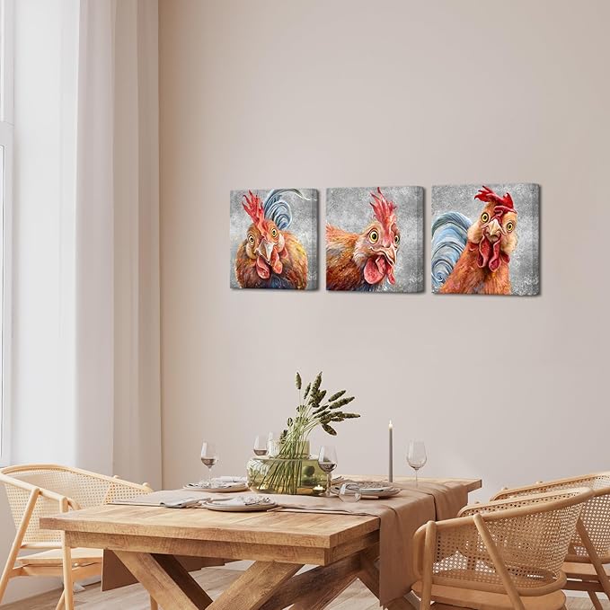 Apicoture Chicken Wall Art Farm Animal Chicken Pictures Kitchen Wall Decor Rooster Wall Art Canvas Prints Framed For Kitchen Dinning Room Living Room Decorations 12"x12"x3 Panels (Gray)