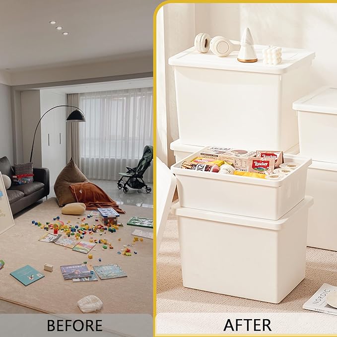 （4XXL+2L） 6gal+3gal Large capacity White multifunction storage bin with lid, Set of 6 Stackable Plastic Boxes with Handles, Office，Garage ，Home, for Organizing Snacks, Crafts, Legos, Tools,books