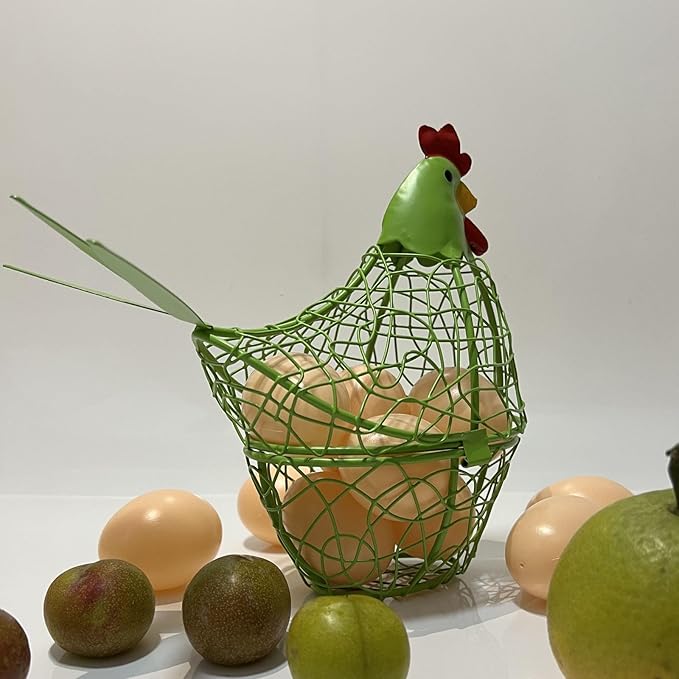 Wire Chicken Egg Basket for Desktop Decorative Ornaments,Egg Holder Chicken Shape Metal Egg Basket for Kids Gathering Fresh Eggs Farmhouse Rooster Wire Basket for Kitchen Countertop Decoration (Green)