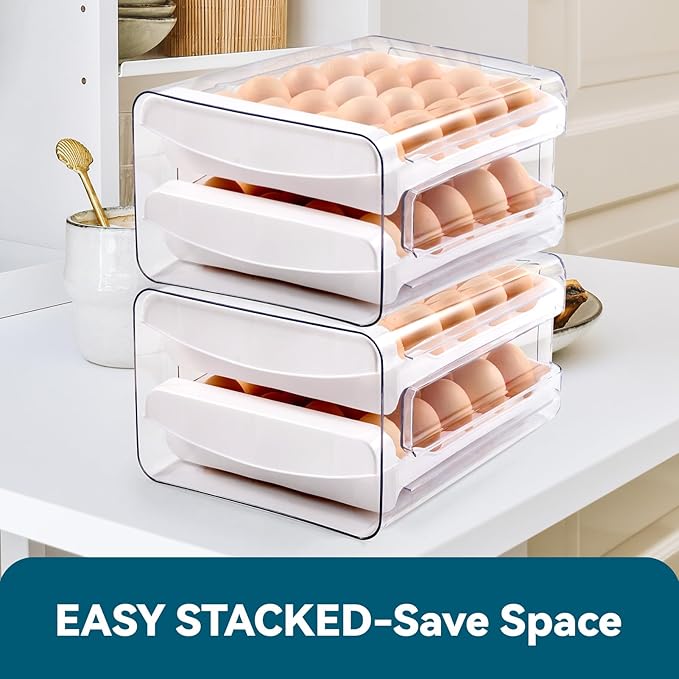Egg Container Holders Dispenser for Refrigerator 40 Eggs, 2 Tier Clear Stackable Holder Tray with Drawer for Fridge, Storage Container with Handles for Refrigerator, Countertop