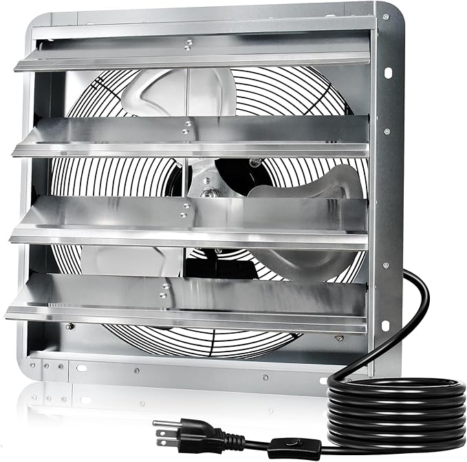 Hiorucet 18 Inch Shutter Exhaust Fan with 1.8m Power Cord, 2500CFM High Speed Low Noise Aluminum Louvered Exhaust Fan Wall Mounted for Greenhouse, Garage, Shop, Attics, Chicken Coop Ventilation Fan.