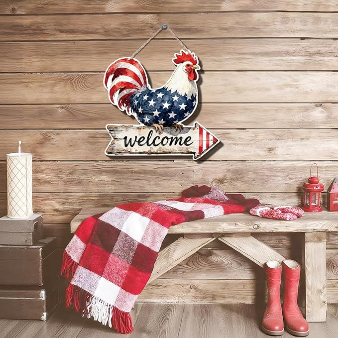 Independence Day Decor, American Flag Rooster Welcome Signs, Hanging Wood Sign Home Decorative, Printed Wood Wall Art Signs, Welcome Sign for Front Door, Farmhouse Porch Decor, 10x9.8 Inches