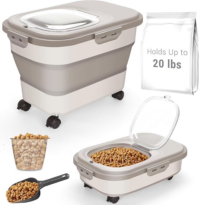 Dog Food Storage Container, 20Lbs Rice Storage Container Dispenser, Airtight Large Pet Cat Food Bin with Wheels, Scoop & Measuring Cup, Collapsible Kitchen Dry Food Holder for Four Sugar Cereal Kibble