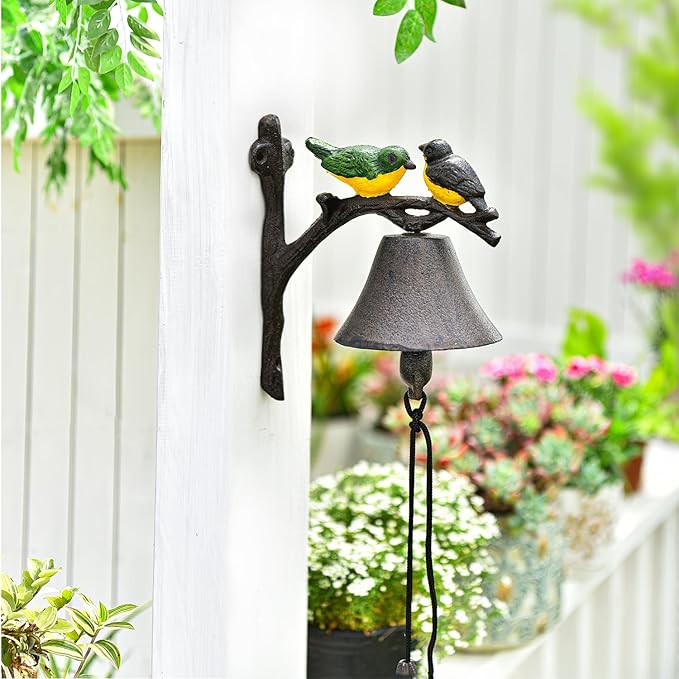 Sungmor Cast Iron Dinner Bell, Outside Farmhouse Door Bell, Wall Hanging Bell, Antique Lovely Color Birds Decorative Manually Shaking Doorbell, Indoor Outdoor Wall Mounted Ornamental Dinner Bell