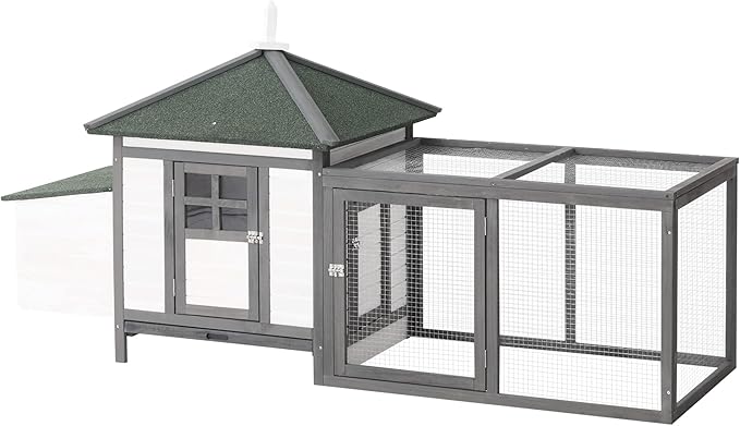 PawHut 77" Wooden Chicken Coop with Nesting Box, Cute Outdoor Hen House with Removable Tray, Ramp Run, for Garden Backyard, Gray