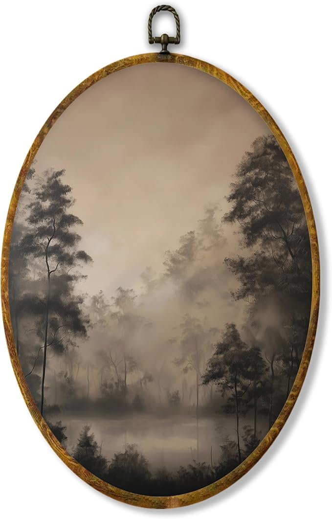 Hiuwevt Vintage Rustic Landscape Oval Wall Art Decor, Moody Farmhouse Framed Canvas Prints, Antique Neutral Landscape Oval Wall Hanging Decor for Bedroom Living Room Decorations, 8.6x11.4 Inches