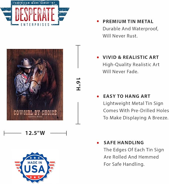 Desperate Enterprises Cowgirl by Choice Tin Sign - Nostalgic Vintage Metal Wall Decor - Made in USA