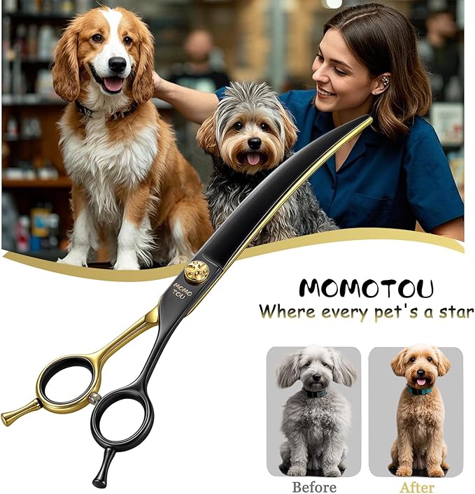 Curved Dog Grooming Scissors 7.5" – Black & Gold 440C Stainless Steel Shears for Precision Face and Body Shaping