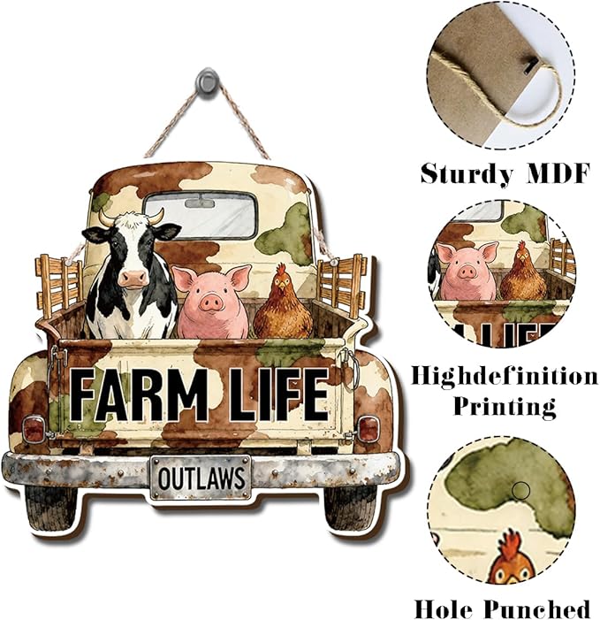 Farmhouse Wall Decor, Farm Life Truck Sign with Cow Pig Chicken, Rustic Wood Hanging Plaque, Watercolor Farm Animal Wall Art Painting Style, Country Home Door or Wall Sign, 10.4x9.8 Inches