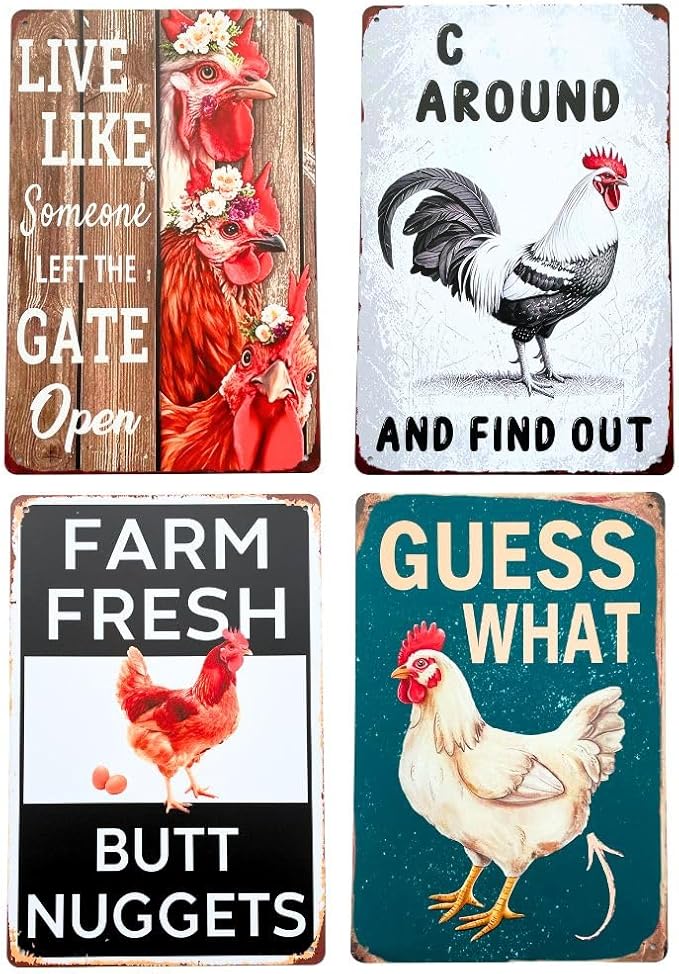 Chicken Coop Signs 4PC Set- Metal Tin Posters Rustic Wall Art Farmhouse Kitchen Vintage Home Decor Funny Outdoor Decorations Bathroom Restroom Bedroom Live Like Someone Left The Gate Open Sayings