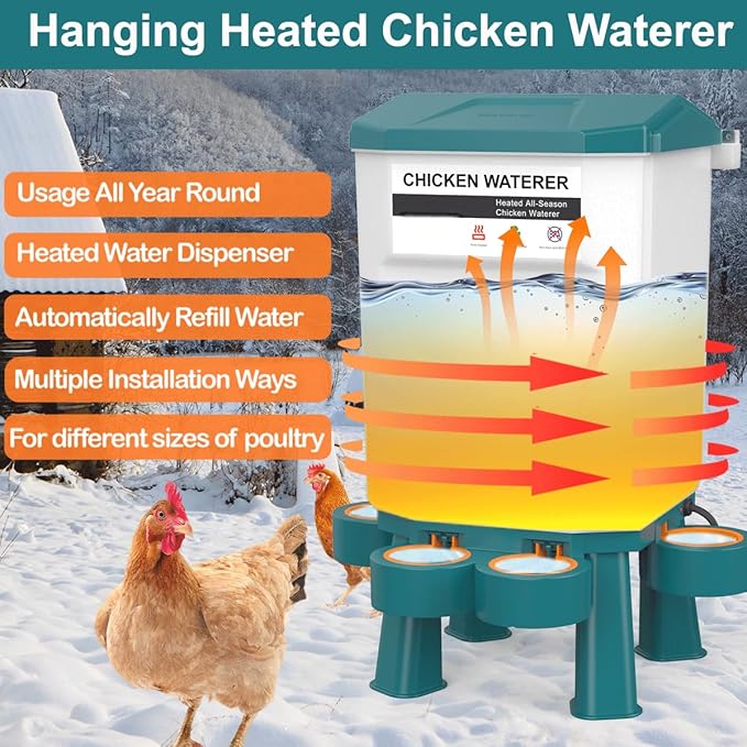 Hanging Heated Chicken Waterer, 3 Gallon Plastic Chicken Water Heater Heated Poultry Drinker, Detachable Legs, Winter and Summer Dual-use, Poultry Water Heater for Chicken Goose Duck - Dark Blue