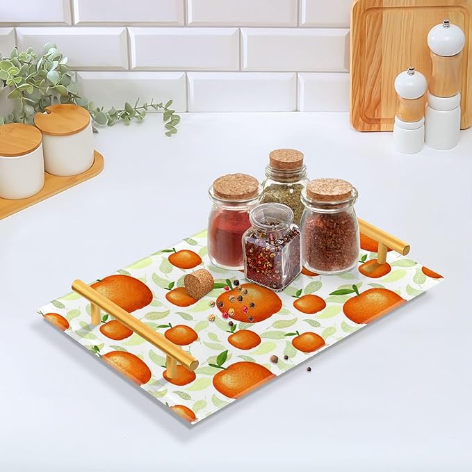 Bathroom Vanity Tray Counter Organizer, Orange Pattern Decorative Tray with Handles Countertop Storage for Bathroom Bedroom Kitchen Home Farmhouse