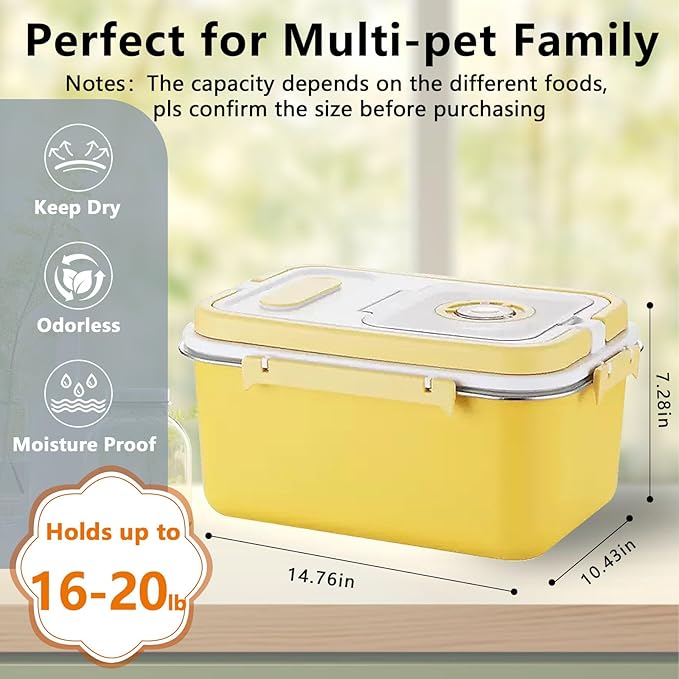 Sanbo Cat Food Storage Container Stainless Steel with Scoop, Airtight Pet Metal Food Storage Bin,Cat Food Canister,Storage Box with Date Tracker for Kitchen (Yellow, 10L)