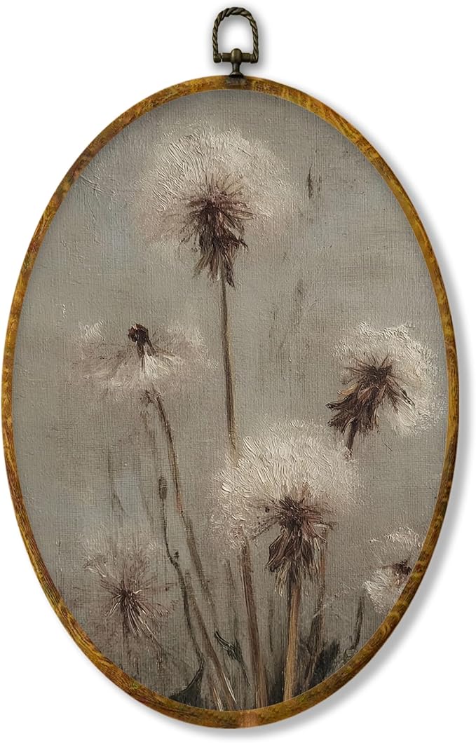 Hiuwevt Vintage Dandelion Floral Round Wall Art Decor, French Country Botanical Framed Canvas Prints, Rustic Cottagecore Round Wall Hanging Decor for Bedroom Room Decorations, 8.6x11.4 Inches