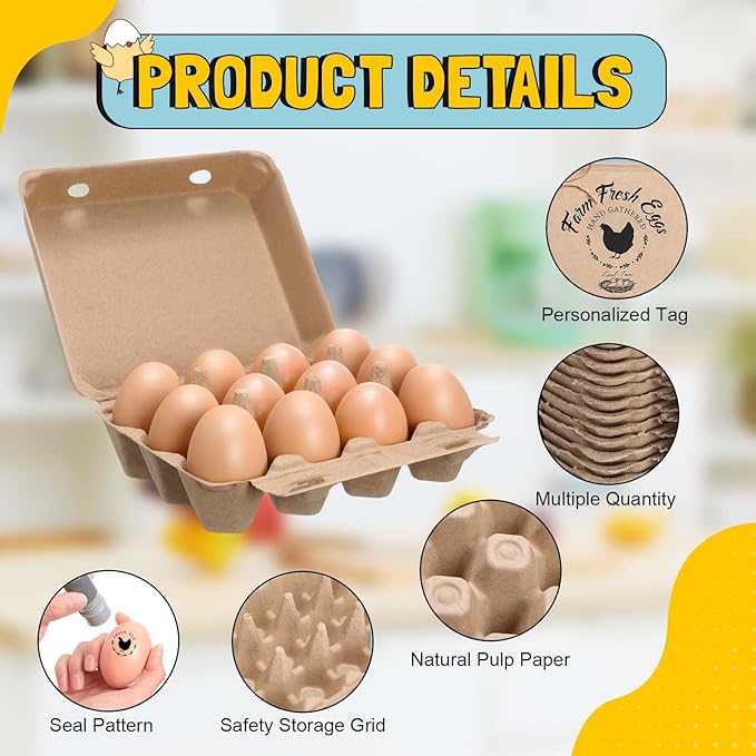 24 Pack Half Dozen Easter Egg Cartons Bulk 6 Count Empty Eggs Cartons Natural Paper Pulp Eggs Carton with Chicken Egg Stamper and Ropes for Kitchen Farm Market, Sturdy Reusable