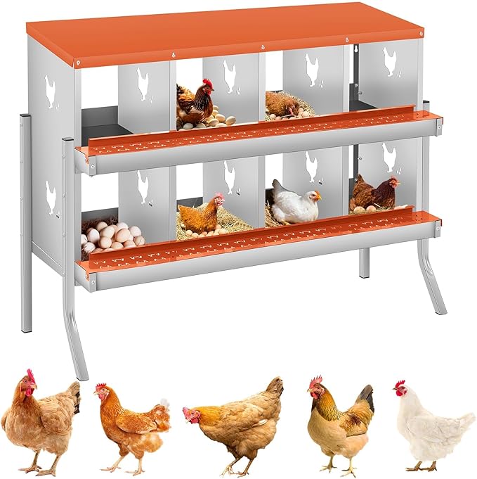 8 Compartment Chicken Nesting Boxes, Metal Roll Away Egg Laying Boxes with Removable Tray & Lid Cover, Chicken Coop Nest Box for Hens, Egg Protection Design (with Legs) Red