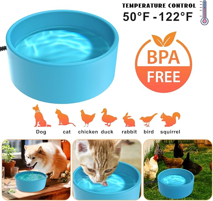 Heated Pet Bowl - KOKOPRO Dog Heating Bowl Outdoor Winter Dog Water Bowl with Anti-bite Wire for Dogs, Cats, Rabbits, Chickens (Blue)