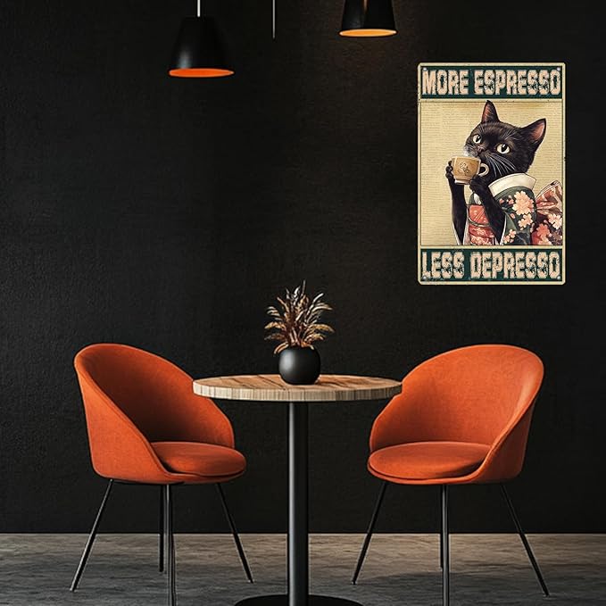 Coffee Cat Metal Signs More Espresso Less Depresso Tin Sign Kimono Cat Home Kitchen Wall Decor Bathroom Bedroom Office 12x8 Inch