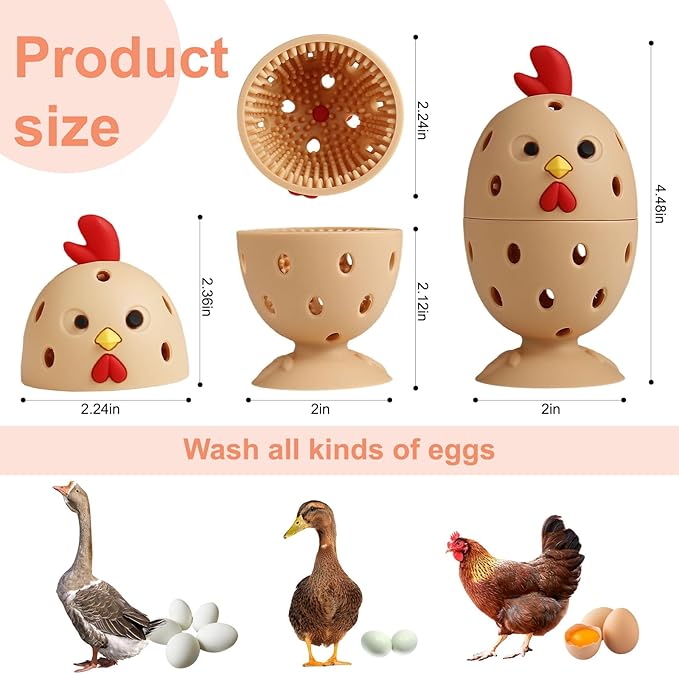 4PCS Silicone Egg Cleaner Brush Set, Egg Wash Brush Scrubber for Fresh Eggs Fruits Vegetables, Reusable Non-Scratch Multifunctional Rotating Egg Washer Tool (Brown)