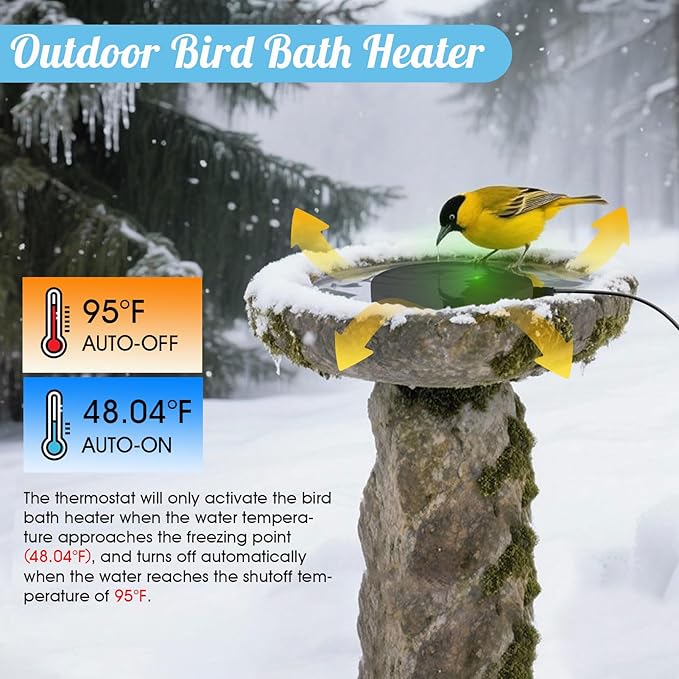 Bird Bath Heater, Upgraded 100W De-Icer Submersible Bird Bath Heaters for Outdoors in Winter, Chicken Water Heater for Winter, Thermostatic Control w/LED Indicator, 5.9 Ft Cord (Black-1Pack)