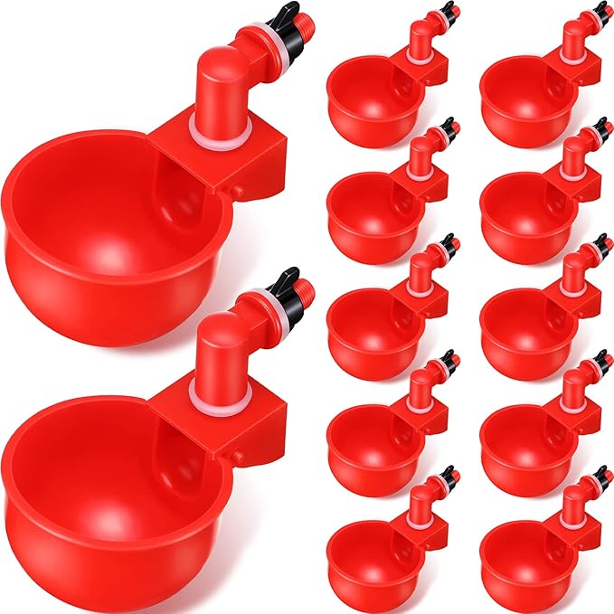 Patelai Chicken Water Cups, Chicken Waterer Cups Summer Water Feeder Cup 3/8 Inch Thread Automatic Filling Waterer Poultry Drinking Bowl for Duck Turkey Bunny(Red,12 Pieces)