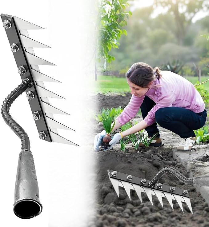 Garden Weeding Rake,Detachable 7/8 Teeth Heavy Duty Tool ,Multifunctional Manganese Steel,Weeder Puller Tool for Backyard,Yard,Farm,Garden,Lawn Loosening Planting（Without Stick） (8 Teeth)