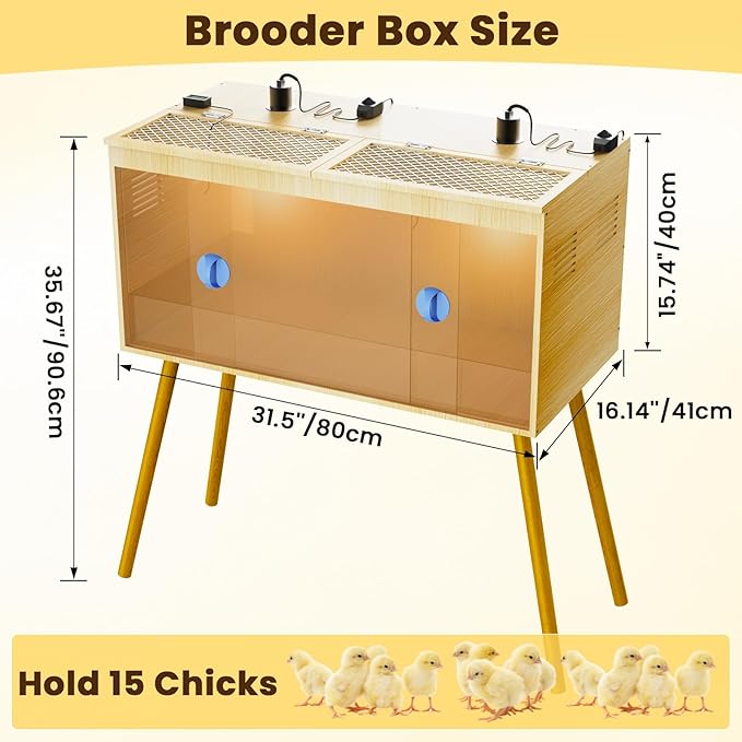 Brooder Box For Chicks, 32 Inch Large Wooden Chicken Brooder Box With Legs, 75W Heat Lamps, Thermometer, Chicken Feeder & Waterer Set, Tin Foil, Ideal For 12-15 Chicks Ducks Quail, Large(Legs)