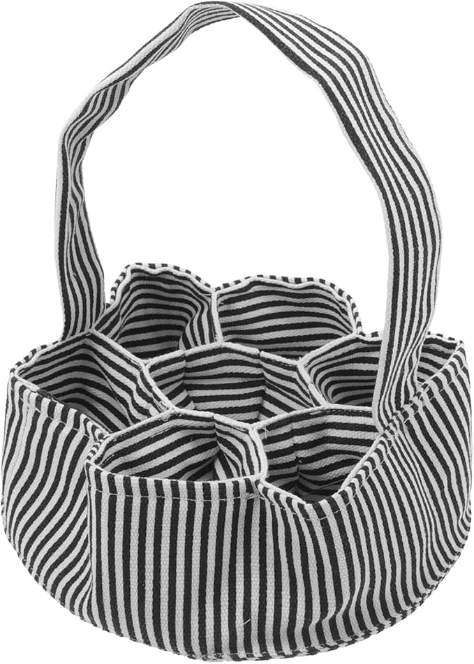 Housoutil Egg Collecting Basket with 7 Canvas Pouches Chicken Egg Holder Bag Farmhouse Storage for Hen Duck Black and White Stripe Design for Garden and Home Use