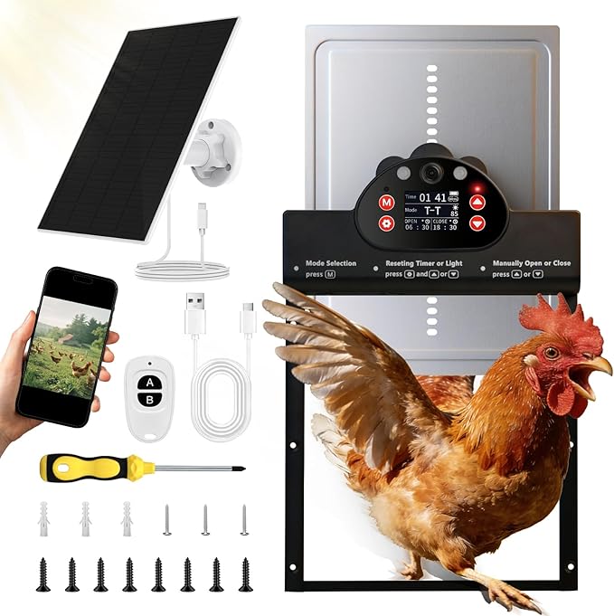 Solar Powered Automatic Chicken Coop Door with 2K Camera, 10m Night Vision Alarm, IP65 Wireless Auto Opener, 6-Month Battery Life, APP Control & 2-Way Audio, Anti-Pinch Safety Design