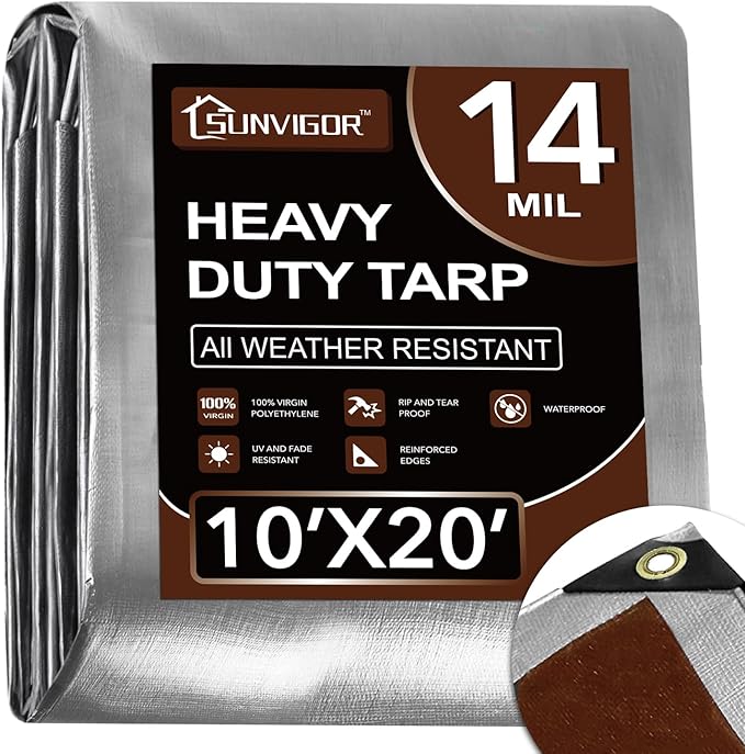 Sunvigor Tarp Waterproof 10x20Ft, Heavy Duty Tarp Cover Extra Thick 14 Mil Tear and UV Resistant, Outdoor Tarps with Grommets and Reinforced Edges for Roof, Camping, Patio, Pool, Boat (Silver/Brown)