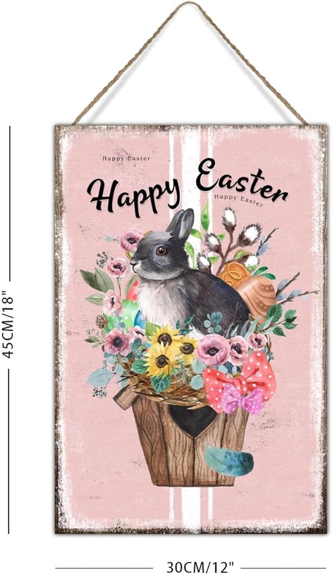 Wood Art Plaque Happy Easter Flower Basket Bunny Sign French Style Floral Pink Stripes Wood Wall Art Signs Bunny Rabbit Happy Easter Wood Sign for Bedroom 12x18in