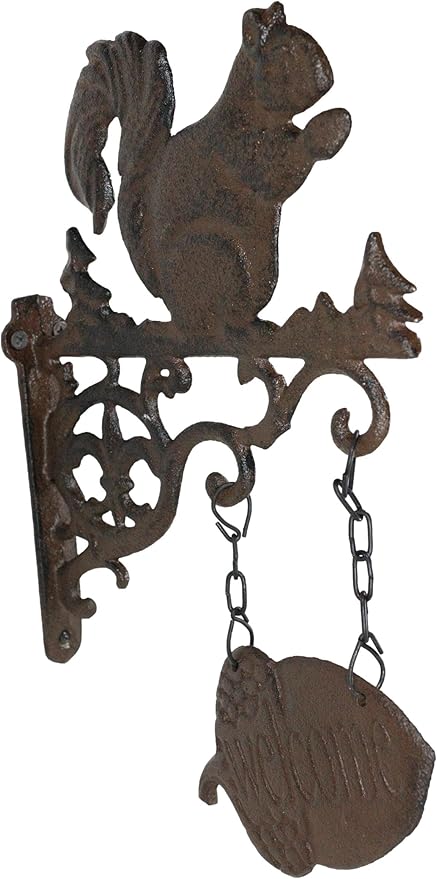 Ebros Gift Cast Iron Rustic Scroll Art Vintage Western Country Farmhouse Cottage Squirrel With Welcome Sign Acorn Fleur De Lis Wall Bracket Indoor Or Outdoor Farm Ranch Accent
