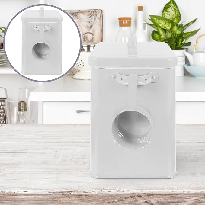 Iron Airtight Storage Bin with Lid for Kitchen and Pet Food, White Metal Grain Container for Dog Food, Rice, and Washing Powder Organization