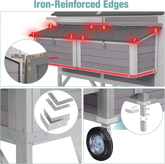 Chicken Coop with Strong Iron Frame, 68.1" L Large Wooden Poultry Cage with 8.1" Big Wheels, Outdoor Chicken House with Two Nesting Boxes for 6 Chickens