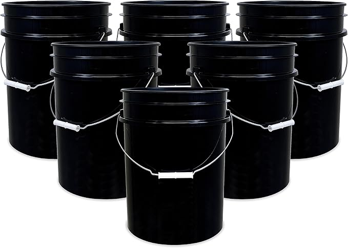 5 Gallon Bucket Only | Made in USA | Food Grade | Durable 90 Mil All Purpose Pail | BPA Free | Premium HPDE | Easy Stack and Store | Lids Not Included (Black, 6)