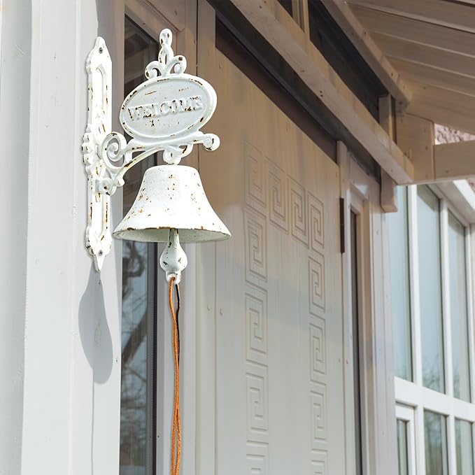 Sungmor Cast Iron Dinner Bell Rustic White Wall Hanging Bell Welcome Sign, Vintage Style Farmhouse Outside Door Bell, Decorative Manually Shaking Doorbell, Indoor Outdoor Wall Mounted Dinner Bell