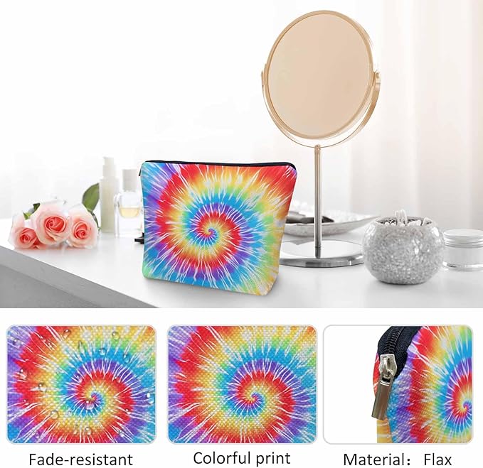 Tie Dye Makeup Bags Makeup Organizer, Spiral Tie Dye Rainbow Flax Toiletry Bags Travel Cosmetic Bag Makeup Purse Pouch Skincare Bag Wallet Bags For Women Female Mom Daughter