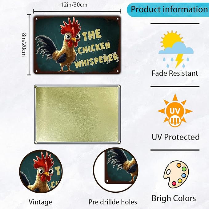 Vintage The Chicken Whisperer Metal Sign Fun Chicken Tin Sign Farm Chicken Coop Metal Poster Home Kitchen Farmhourse Coffee Bathroom Art Wall Decor 12x8 Inch