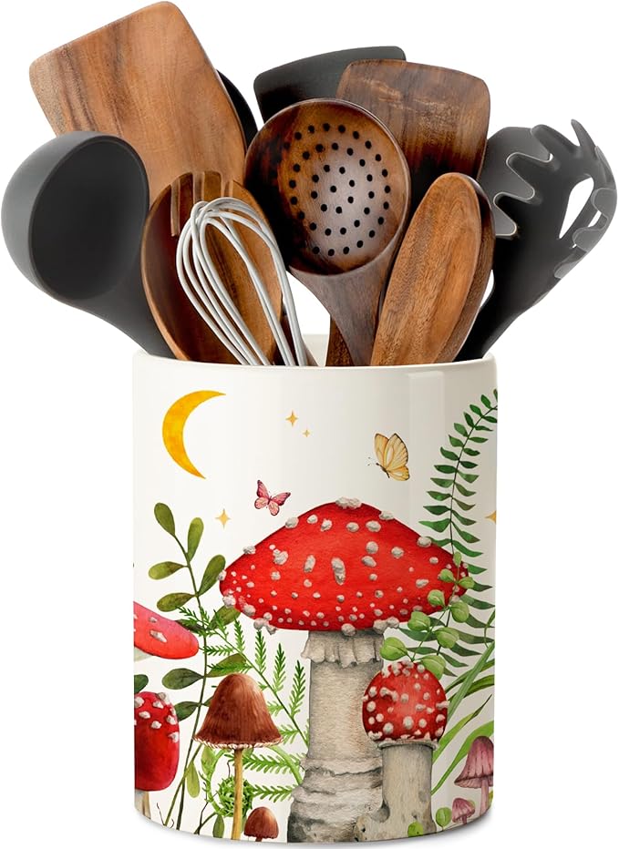 pinata Mushroom Kitchen Decor Ceramic Utensil Holder, Cute Mushroom Utensils Holder for Farmhouse Indoor Kitchen Decorations Rustic Farmhouse Decor (6.3 inch)