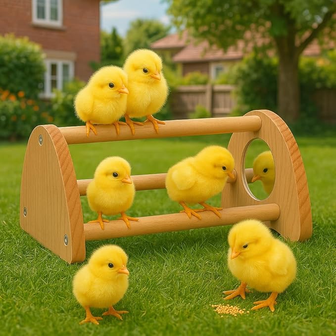 Chick Perch with Mirror – Sturdy Wooden Roosting Bar for Coop & Brooder, Training Perch for Chicks, Easy to Assemble & Clean, Fun Activity Toy for Poultry