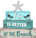 Geelin 4 Pcs Summer Table Decorations Ocean Life Better Wooden Block Signs Beach Theme Starfish Palm Slipper Tabletop Centerpieces Farmhouse Tiered Tray Decor for Home Table Kitchen Shelf