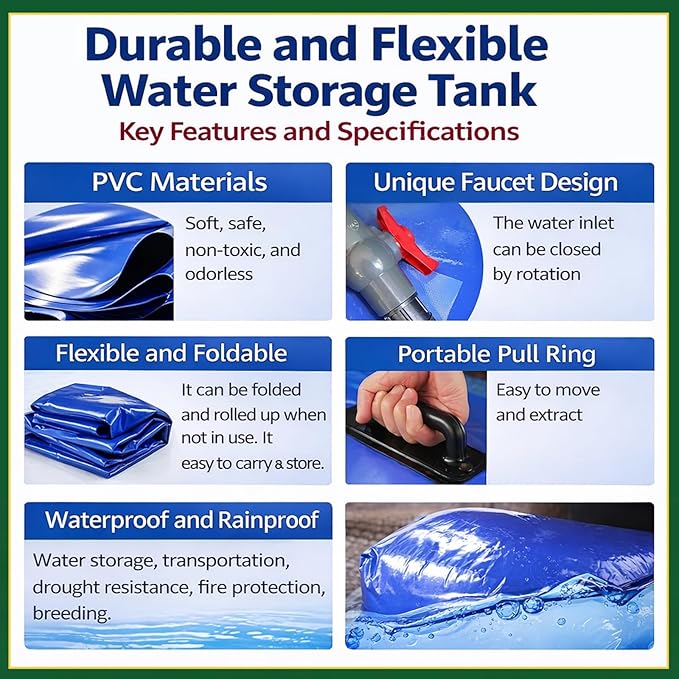 Large Capacity Water Bladder Tank 2500/2000/1500/1300/1000 Gallon, Portable Water Storage Bag with Faucet, Heavy Duty Drought-Resistant Container for Farm Irrigation & Emerge 2x1x0.5m/1000L/263gallon