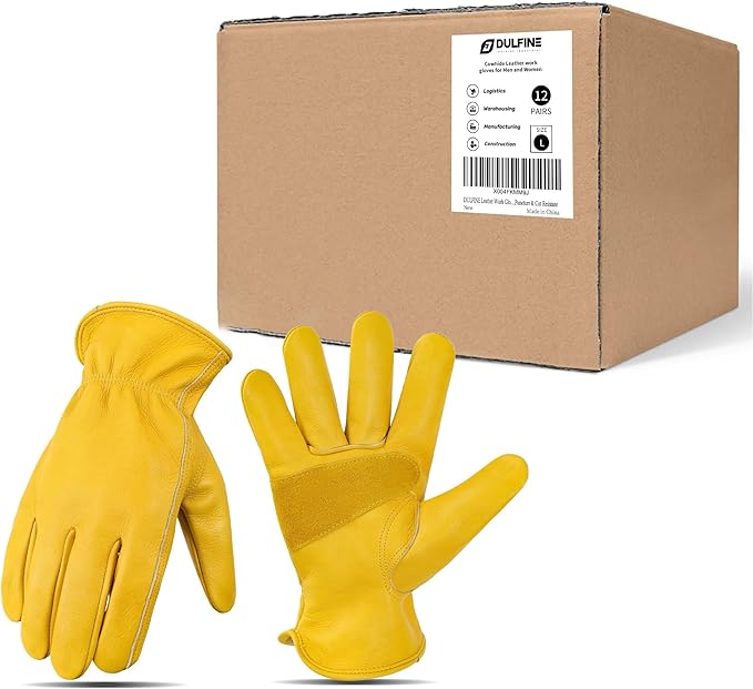 DULFINE Cowhide Leather Work Gloves for Men & Women, Reinforced Durable Gardening Gloves, Puncture & Cut Resistant