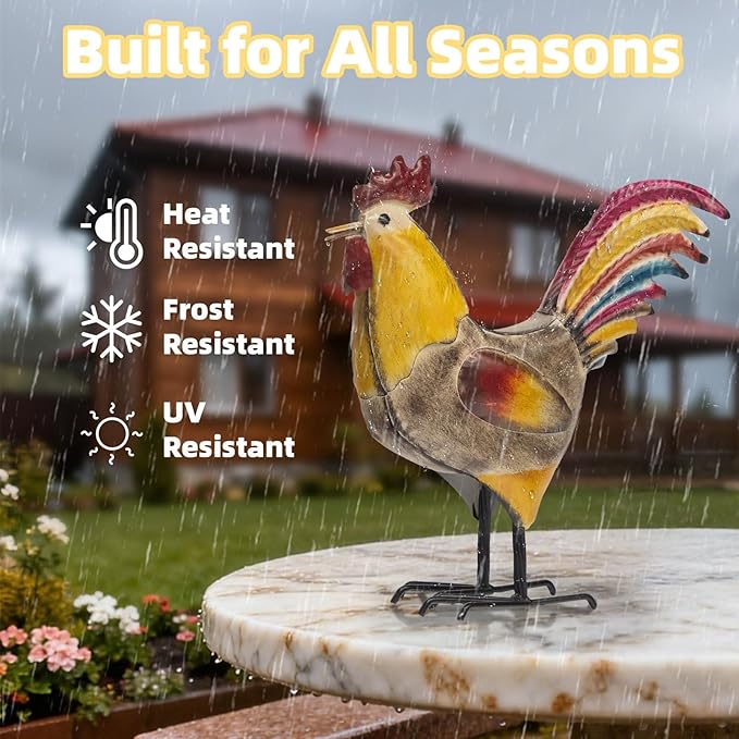 MODE HOME Set of 2 Rustic Metal Rooster & Hen Figurines, Hand-Painted Farmhouse Chicken Decor, Waterproof Indoor Outdoor Yard Garden Statues for Kitchen, Patio & Home Decor