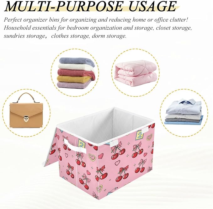 Cherries Hearts Bows Stars Storage Bins with LidsPink Foldable Storage Basket with Handles Collapsible Large Fabric Organizer Containers for Clothes Shelves Closet Office Home