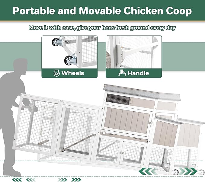 PetsCosset Chicken Coop with Wheels, Weatherproof Large Hen House Mobile Chicken Tractor with Nesting Box, Roosting Bars, Pull-Out Tray, Asphalt Roof & Fun Swing for Chickens Quails, Backyard Farm Use