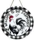 Welcome to The Farmhouse Rooster Front Door Sign, Watercolor Farm Chicken Buffalo Plaid Wood Hanger Outdoor Porch Home Decor, Rustic Country Wooden Wreath Indoor Wall Hanging Decoration