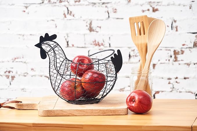 tag 11.5 inch Black Farmhouse Rustic Vintage Chicken Wire Egg Basket with Handle for Egg Holder Fruit and Kitchen Living Room Home Rooster Decor Decoration Collecting and Countertop Storing Eggs