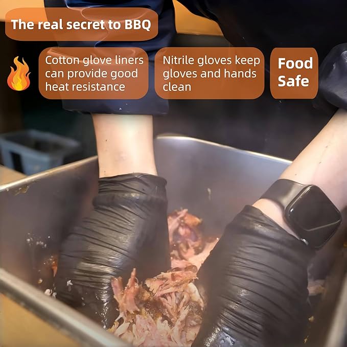 BBQ Gloves Disposable Heat Resistant - 4 Reusable Cotton Liners & 100 Nitrile Gloves for Barbecue Smoker, Grilling, Cooking Hot Meat, Food Prep - 10Mil, Non-Slip Grip, Black Large