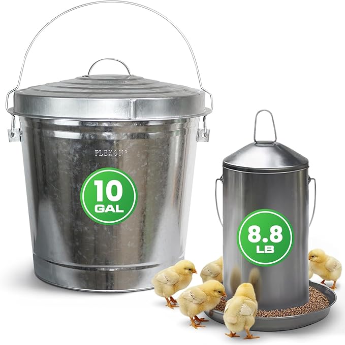 Plexon 8.8 Lb Poultry Feeder Stainless Steel Hanging Chicken Feeder no Waste Food-Grade with 10 Gallon Galvanized Storage Bucket with Locking Lid for Bird Seed Chicken Feed, Bundle